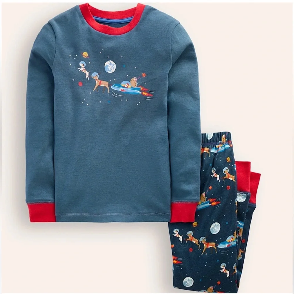Mini Boden Blue Space Santa Long John Pajama Set NWT
